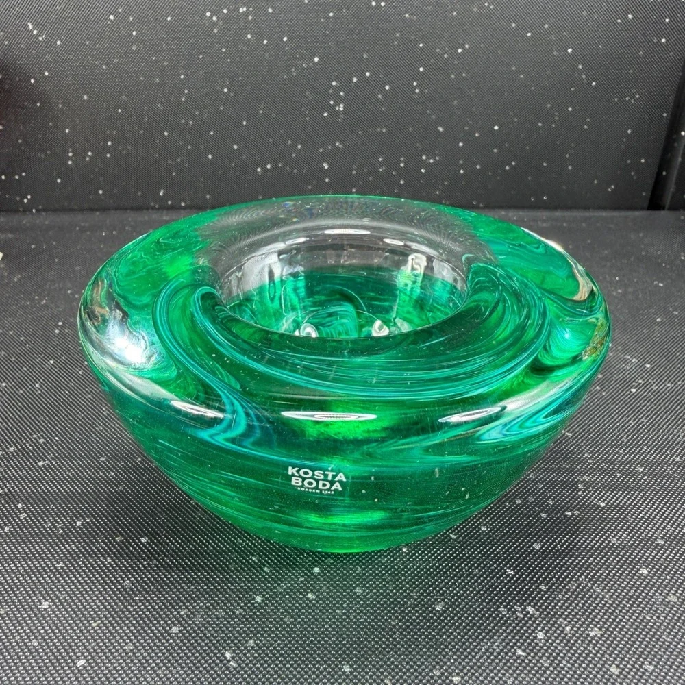 Kosta Boda Sweden Art Glass Green Swirl Votive Candle Holder Signed Heavy Base